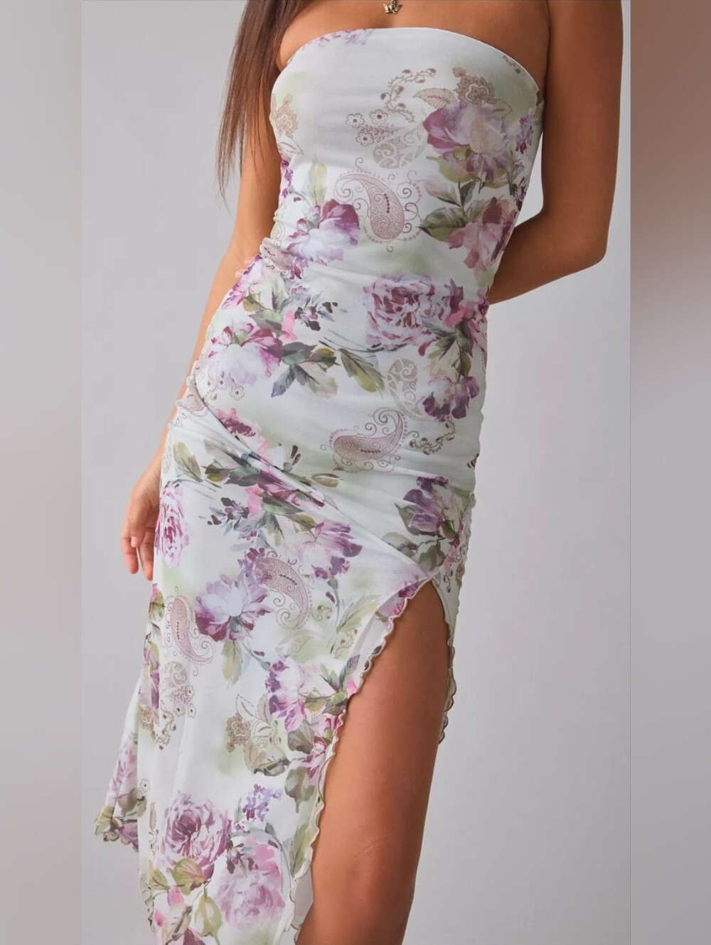 UO Strapless Floral Mesh Midi Dress